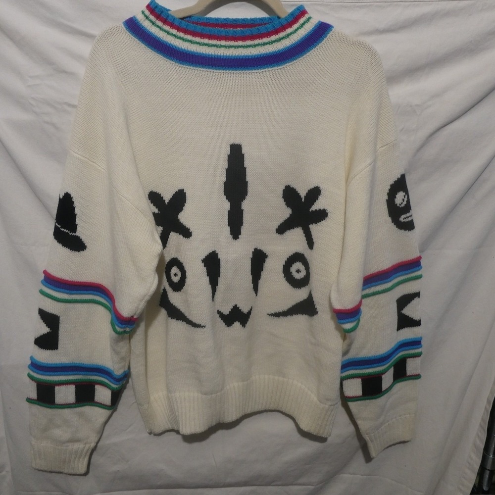 Vintage Gitano Plus Size 40/20W Abstract Face Graphic Knit‎ Sweater White 90s